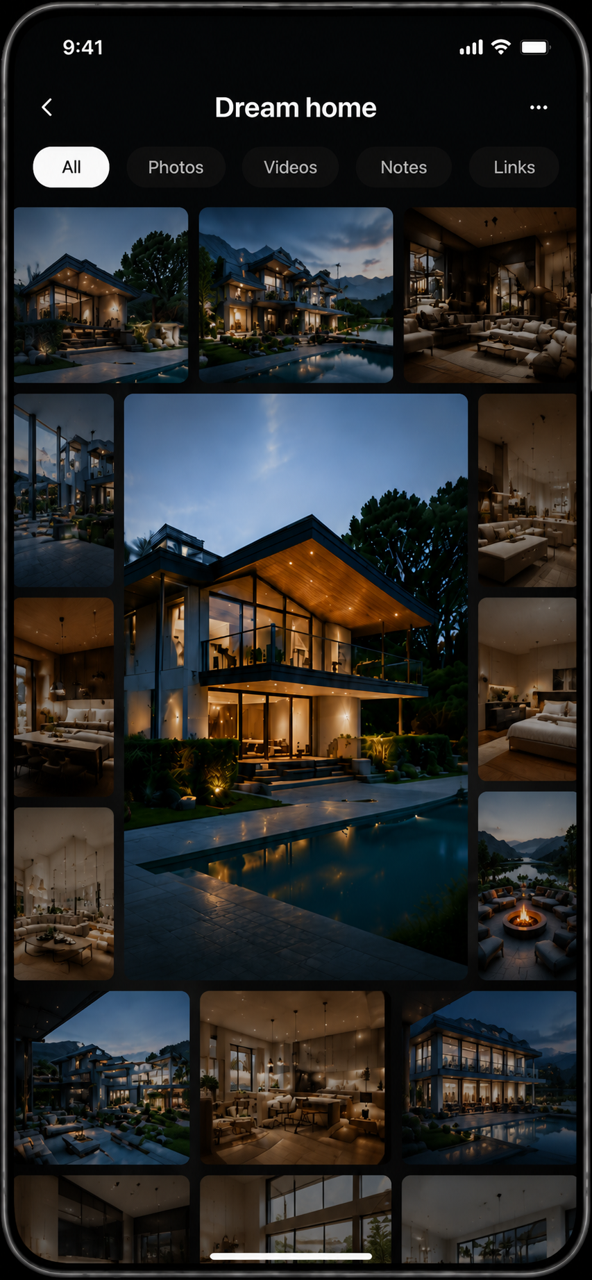 A space inside Living Canvas on iPhone: a Dream home collection of photos, videos, notes and links